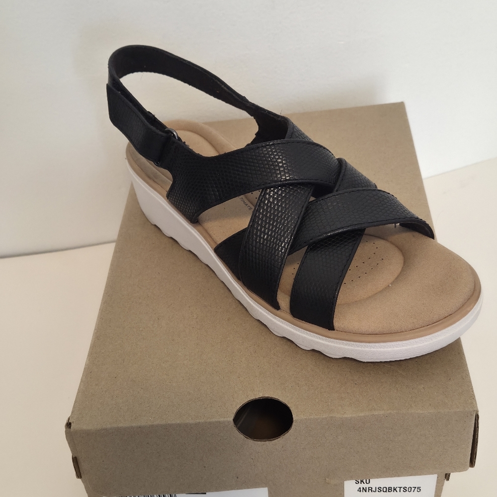 Clark’s Women’s  Jillian Black Leather Criss Cross Strappy Wedge Sandals - Picture 14 of 16